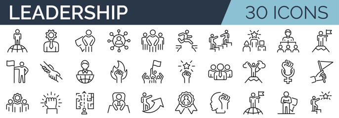 Set of 30 outline icons related to leadership, leader, expert, winner. Linear icon collection. Editable stroke. Vector illustration - obrazy, fototapety, plakaty