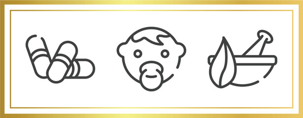 medicine and health outline icons set. linear icons sheet included pill capsule, baby face, natural herbs and a mortar for healing vector.