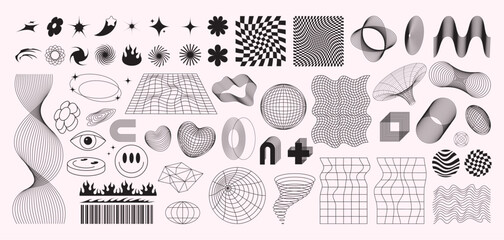 Vector set of retro futuristic shapes, icons and grids in black color. Geometric wireframe elements, 3d hearts and abstract waves. Trendy y2k rave design. Cyberpunk poster collection