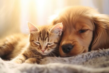 Cat and dog sleeping on the bed together. Home pets, domestic animals. Animal care. Fluffy friends. Love and friendship concept