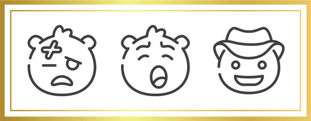 emoji outline icons set. linear icons sheet included injured emoji, yawning emoji, cowboy hat vector.