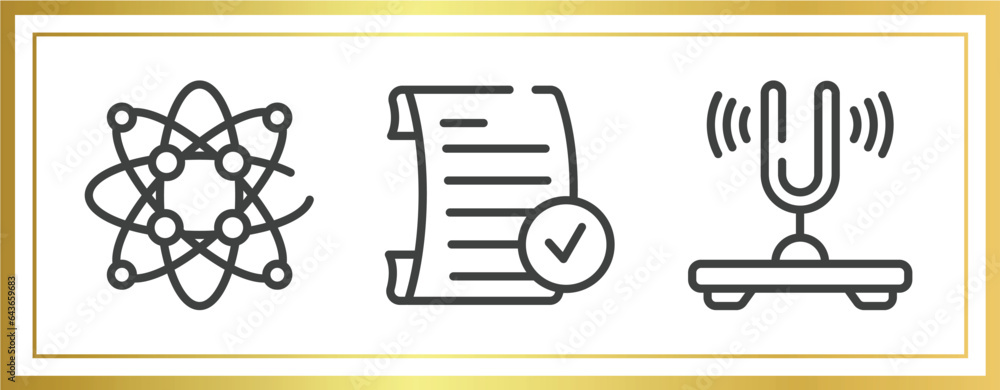 Poster physics outline icons set. linear icons sheet included protons, passed, tuning fork vector.