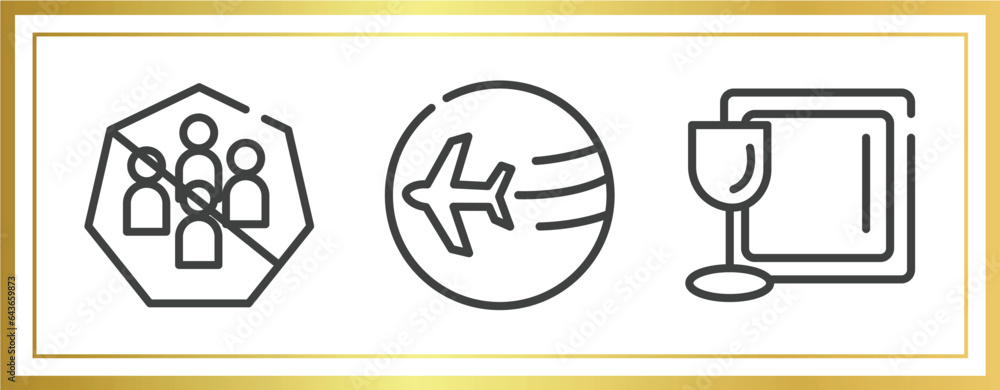Poster outline icons set. linear icons sheet included avoid crowds, travelling, tableware vector.