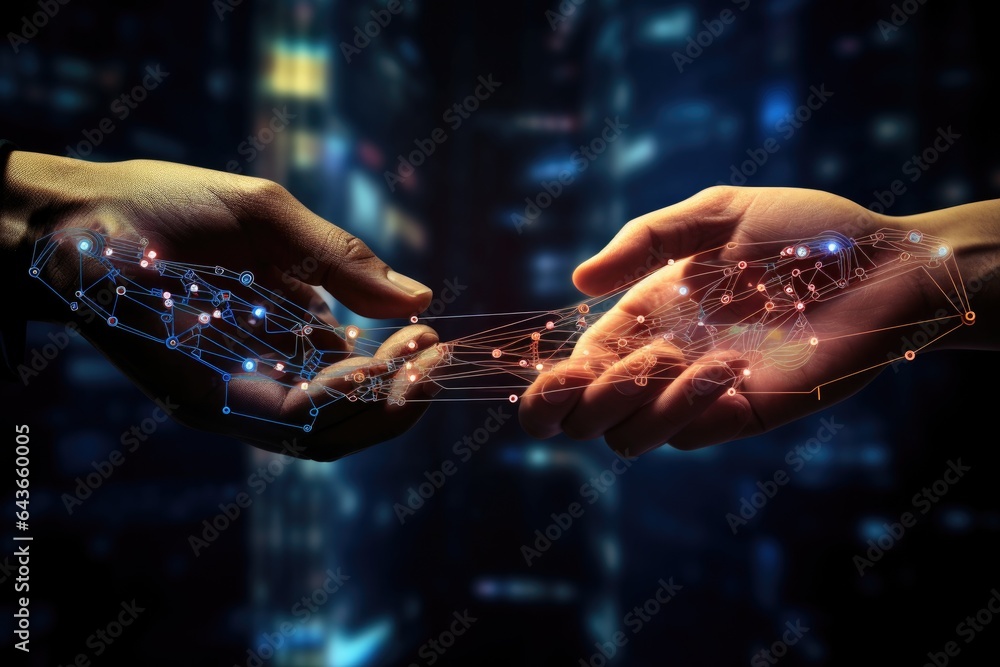 Poster hands of human and artificial intelligence technology touching for big data network exchange.