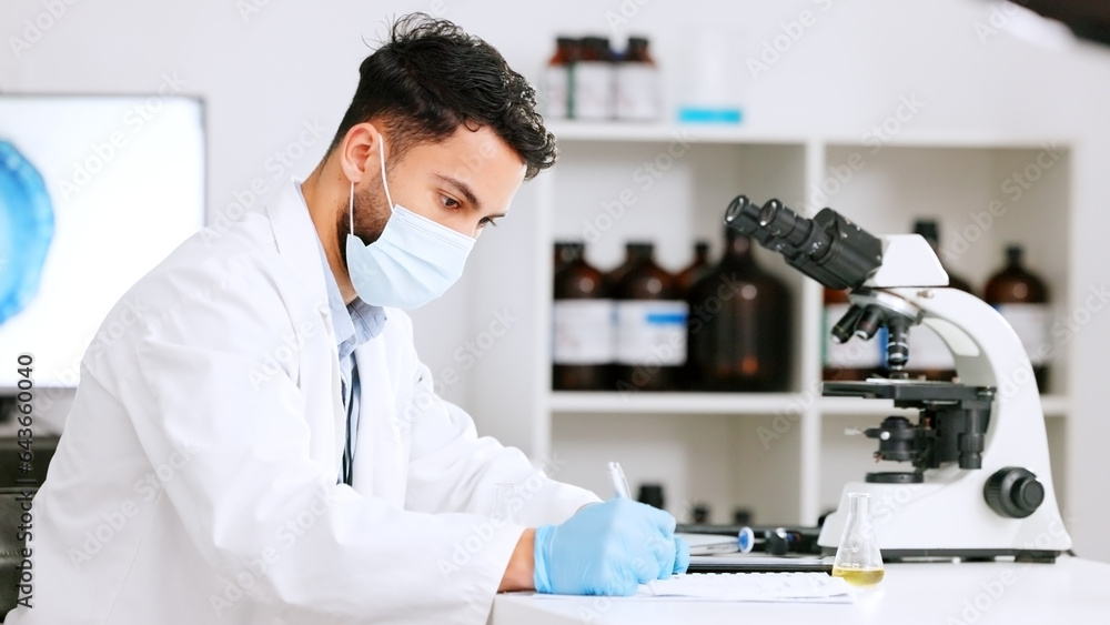 Aufkleber Scientist and research or medical engineer doing experiments to create a cure in a lab while wearing a mask. Healthcare professional working with science equipment and writing notes in a laboratory