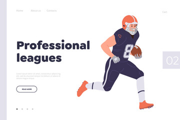 Fototapeta na wymiar Professional leagues of rugby american football landing page template with running sportsman design