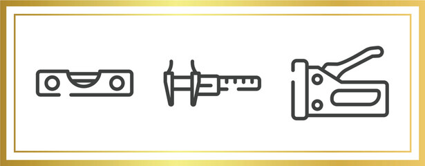 tools and hinery outline icons set. linear icons sheet included level gauge, calipers, big stapler vector.