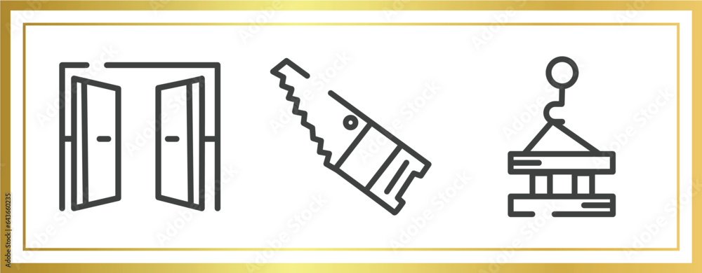 Poster constructicons outline icons set. linear icons sheet included doors open, band saw, derrick with pal