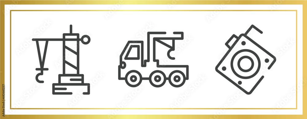 Poster tools and hinery outline icons set. linear icons sheet included derrick facing right, truck with cra