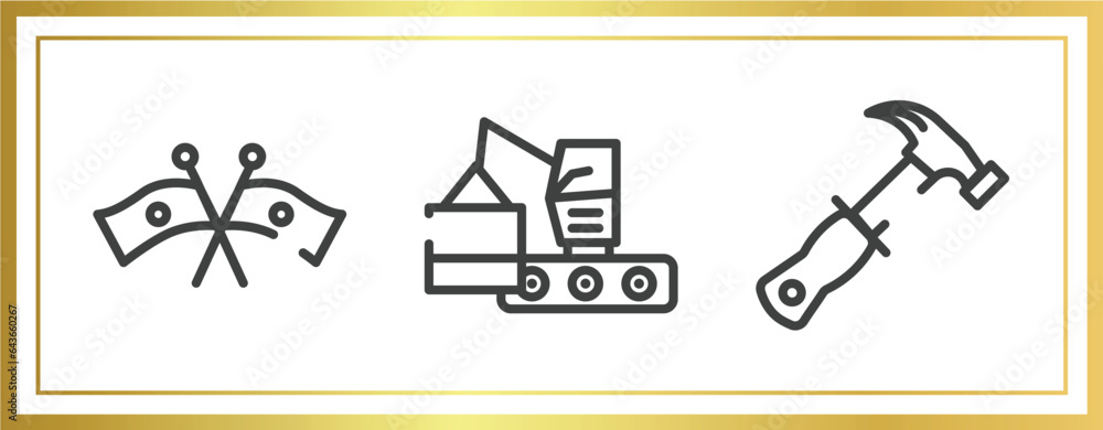 Poster work tools outline icons set. linear icons sheet included flags crossed, derrick with boxes, hammer 