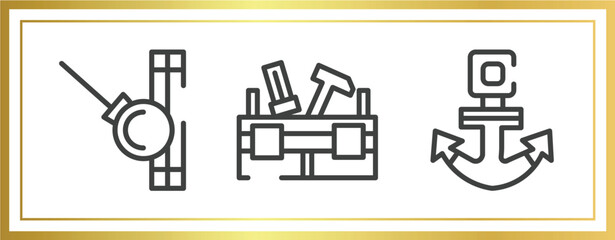 work tools outline icons set. linear icons sheet included demolishing ball, toolbox, anchor navigational tool vector.