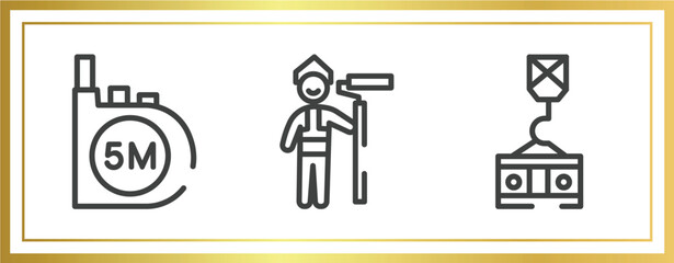 hand drawn construction outline icons set. linear icons sheet included five meters ruler, man painting, crane holding construction panel vector.