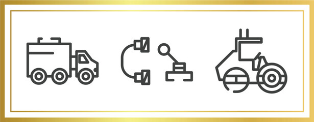 construction outline icons set. linear icons sheet included truck with freight, hinery parts, roller hine of construction vector.