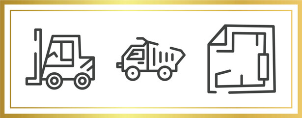hand drawn construction outline icons set. linear icons sheet included forklift tool, construction materials transport, blueprint hand drawn tool vector.