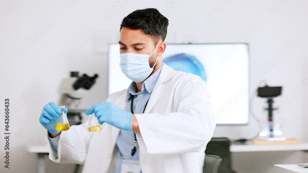 Poster Scientist and research or medical engineer doing experiments to create a cure in a lab while wearing a mask. Healthcare professional working with science equipment and writing notes in a laboratory