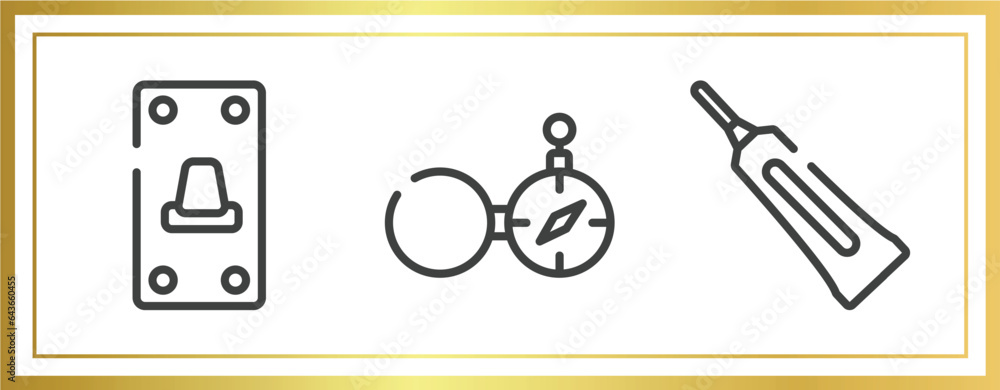 Poster plumber outline icons set. linear icons sheet included switch on, open compass, caulk vector.