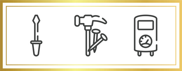plumber outline icons set. linear icons sheet included garage screwdriver, hammer and nail, boiler vector.