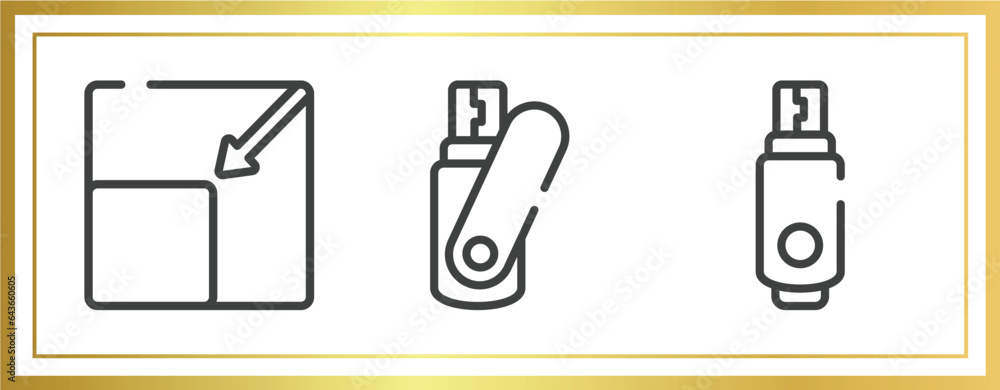 Poster computer and hardware outline icons set. linear icons sheet included resize page, flash card, usb fl