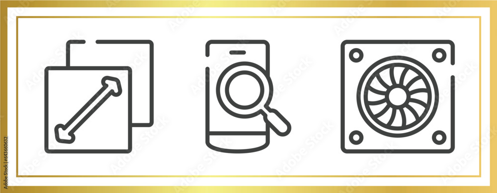 Poster hardware computer outline icons set. linear icons sheet included fit screen, phone search, computer 