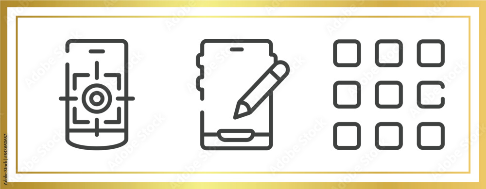 Aufkleber responsive web outline icons set. linear icons sheet included focus tool, edit tablet, nine squares 