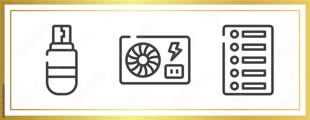 Poster responsive web outline icons set. linear icons sheet included usb drive, psu, list of options vector