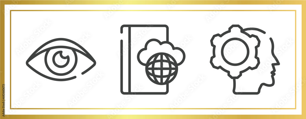 Poster computer and media outline icons set. linear icons sheet included eye close up, book on internet clo
