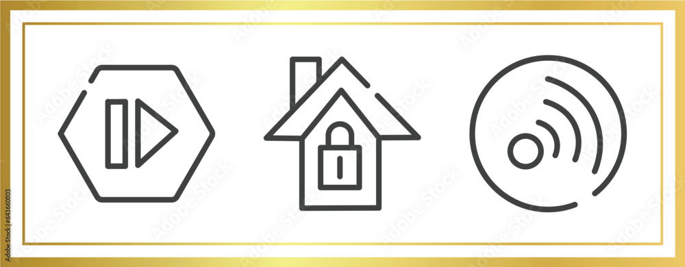 Poster computer and media outline icons set. linear icons sheet included forward media step, home lock, rss