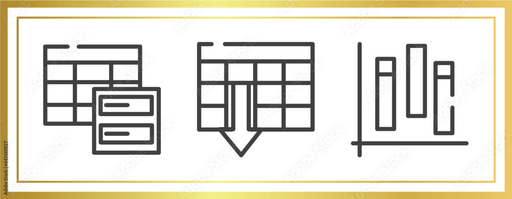 Poster computer and media outline icons set. linear icons sheet included data spreadsheet, spreadsheet asce