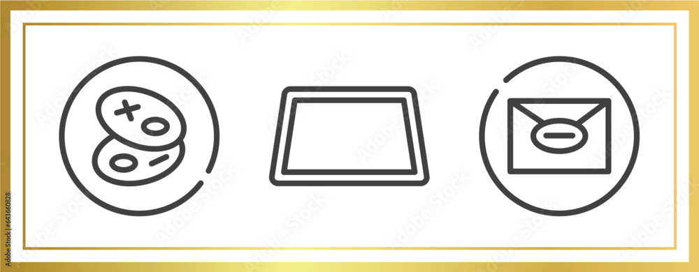 Poster computer and media outline icons set. linear icons sheet included cookies, null, mail vector.