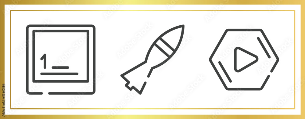 Poster computer and media outline icons set. linear icons sheet included keyboard key 1, missile war weapon