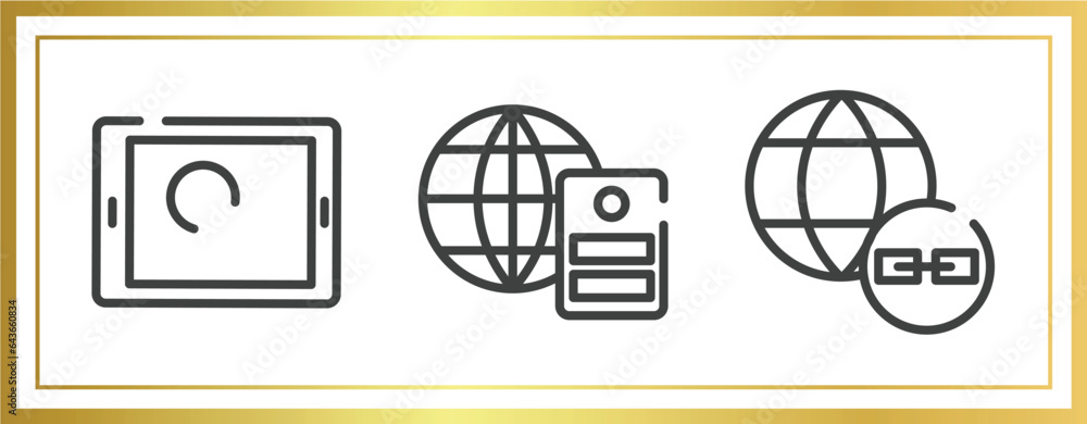 Poster computer and media outline icons set. linear icons sheet included touch screen, server with the eart