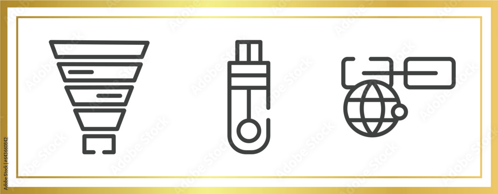 Poster cloud computing outline icons set. linear icons sheet included funnel chart, memory stick, link on i