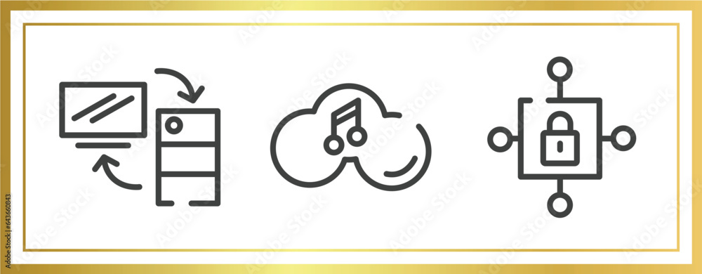 Poster cloud computing outline icons set. linear icons sheet included server client exchange, music on clou