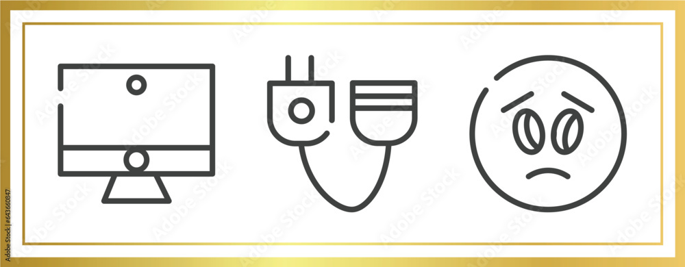 Poster computer and media outline icons set. linear icons sheet included computer with monitor, plug connec