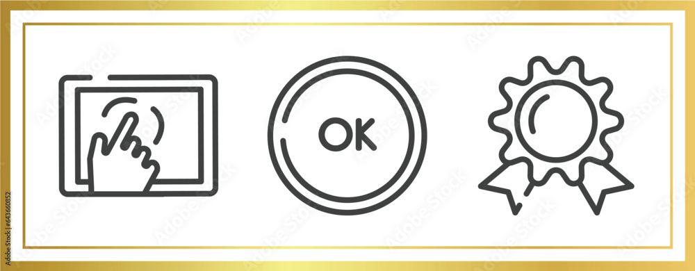 Poster computer and media outline icons set. linear icons sheet included cellphone in a hand, ok button, wa