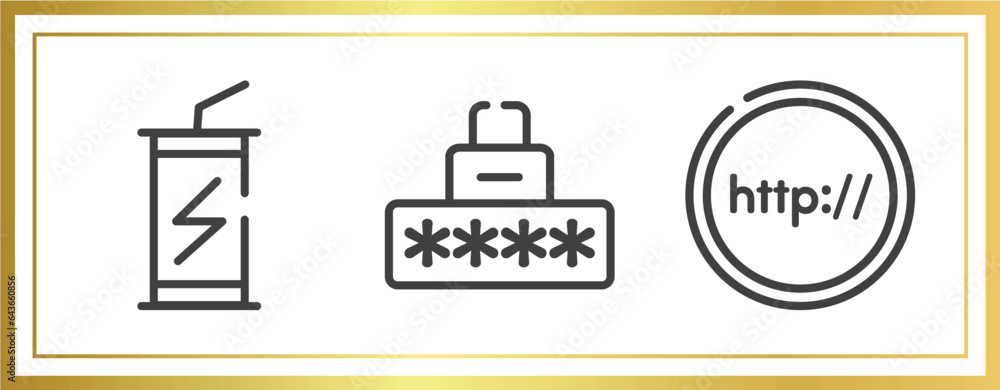 Poster internet outline icons set. linear icons sheet included energy drink, security code, http vector.