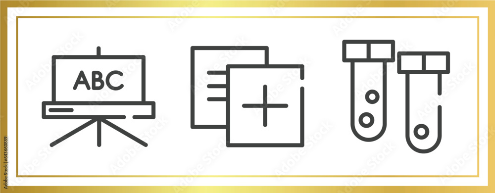Poster learning outline icons set. linear icons sheet included blackboard, duplicate, test tubes vector.