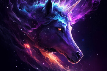 Obraz na płótnie Canvas Illustration of Unicorn in Galaxy Universe with Space Nebula Background. Esoteric Horoscope and Fortune Telling Concept Design for Poster, Banner, Invitation, Greeting Card or Cover. Ai Generated.