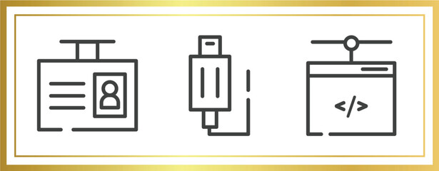 computer icons outline icons set. linear icons sheet included id badge, usb plug, network administration vector.