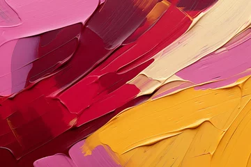 Gordijnen パレットナイフの油絵・カラフルな抽象背景バナー）ダークレッド・ピンク・黄色 © Queso