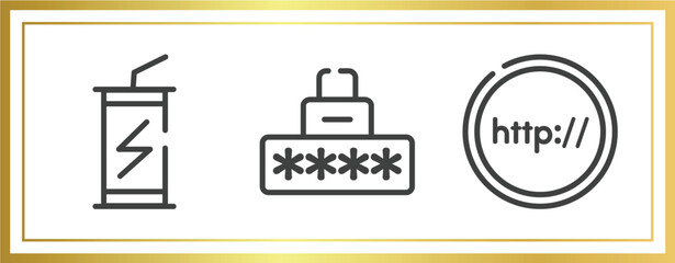 internet outline icons set. linear icons sheet included energy drink, security code, http vector.