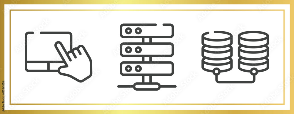 Poster network architecture outline icons set. linear icons sheet included touchpad, hosting server, databa