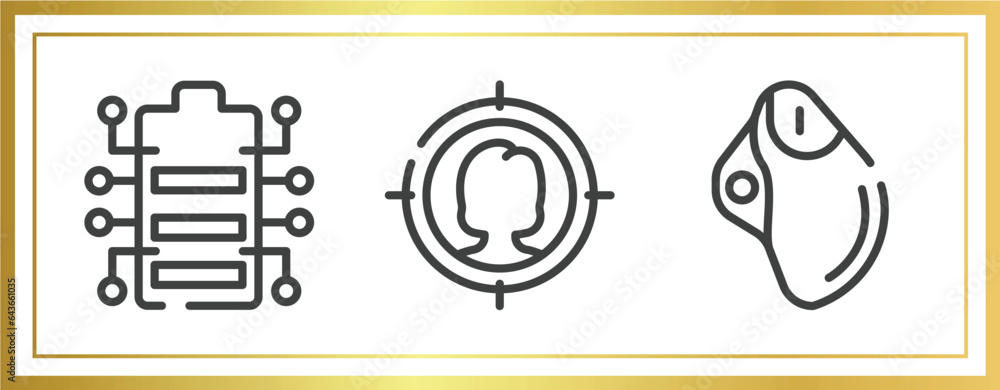 Poster computer functions outline icons set. linear icons sheet included battery status, target audience, t