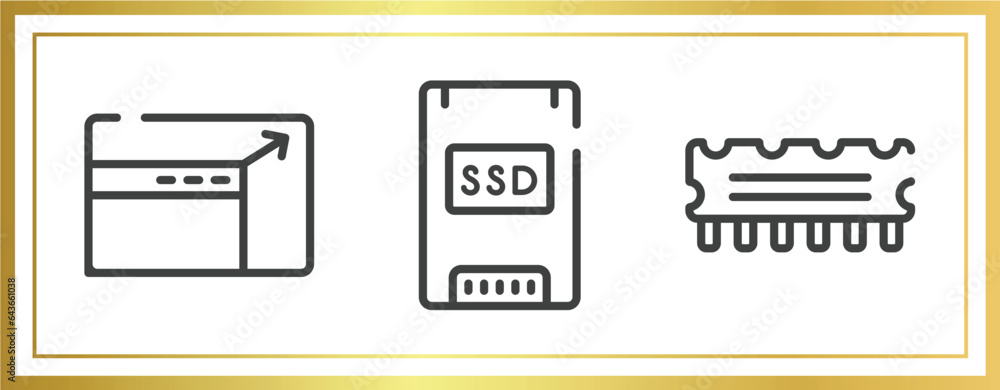 Poster computer functions outline icons set. linear icons sheet included resizing, solid state drive, rom v