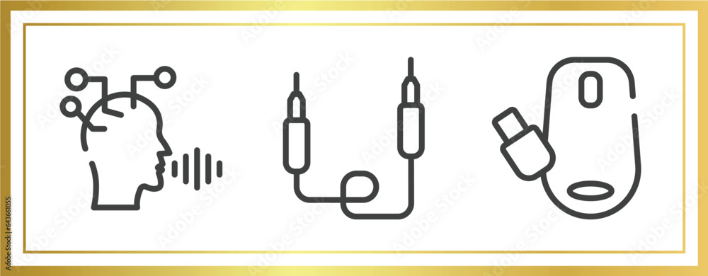 Poster computer device outline icons set. linear icons sheet included voice recognition, jack, wireless mou