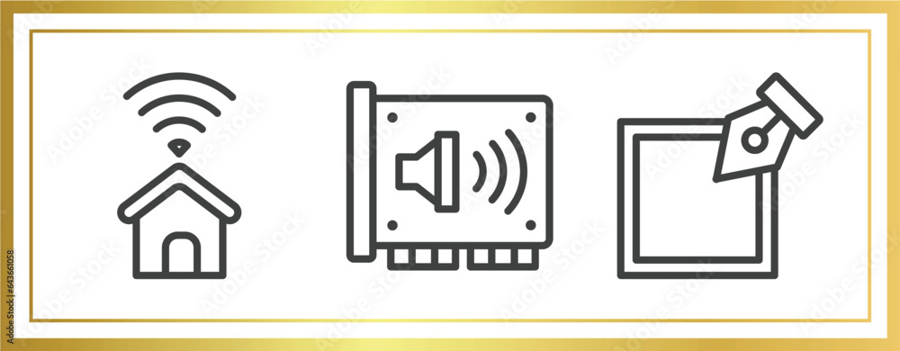 Poster web development outline icons set. linear icons sheet included smarthome, sound card, edit tool vect