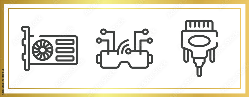 Poster computer and data outline icons set. linear icons sheet included gpu, vr goggles, dvi vector.
