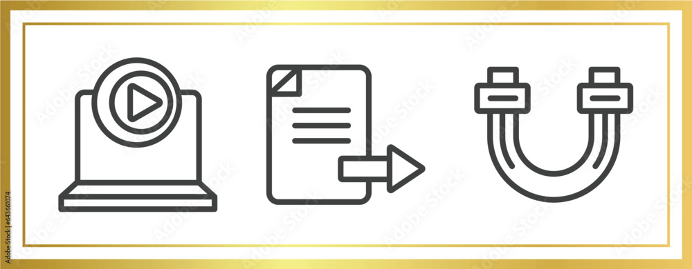 Poster it & components outline icons set. linear icons sheet included multimedia player, export file, sata 