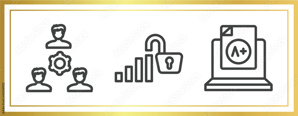 Poster online learning outline icons set. linear icons sheet included work team, open data, grades vector.