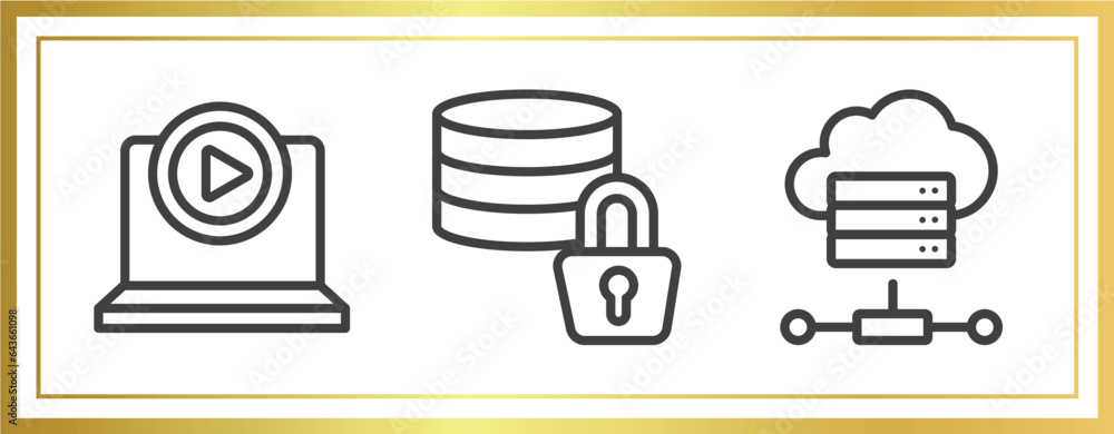 Poster network and database outline icons set. linear icons sheet included tutorial, data encryption, onlin